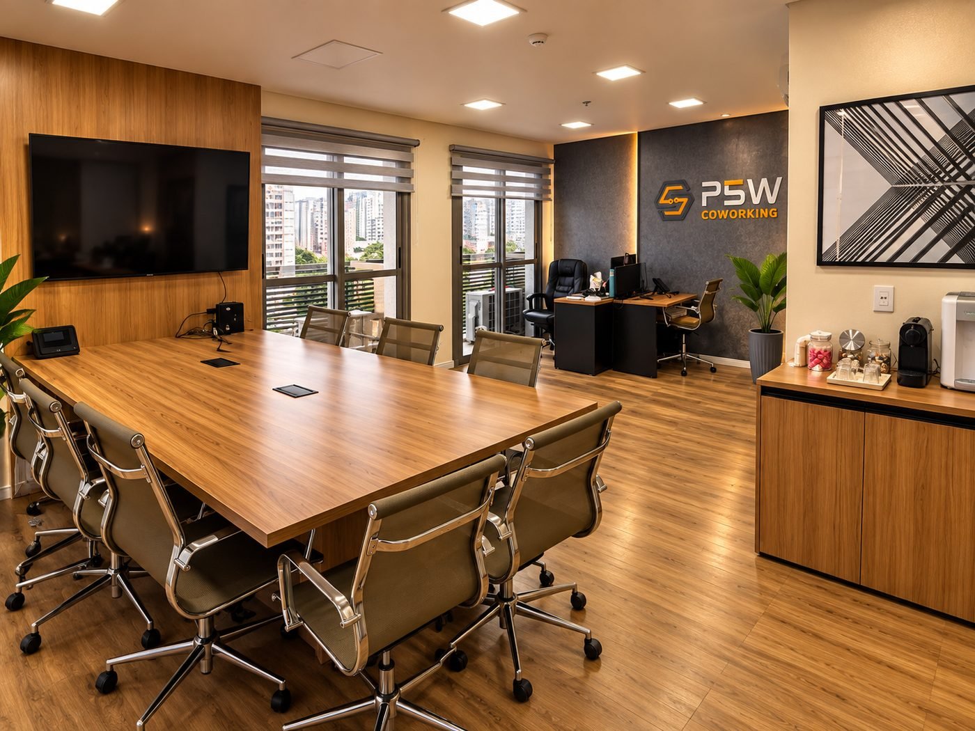 Sala de reunião da P5W Coworking com mesa para oito pessoas, TV e estação de café